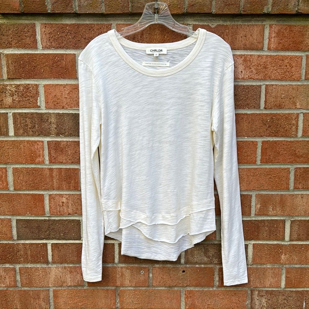 CHRLDR Cream Blouse with Full Sleeves Asymmetrical Hem and Rounded Neckline